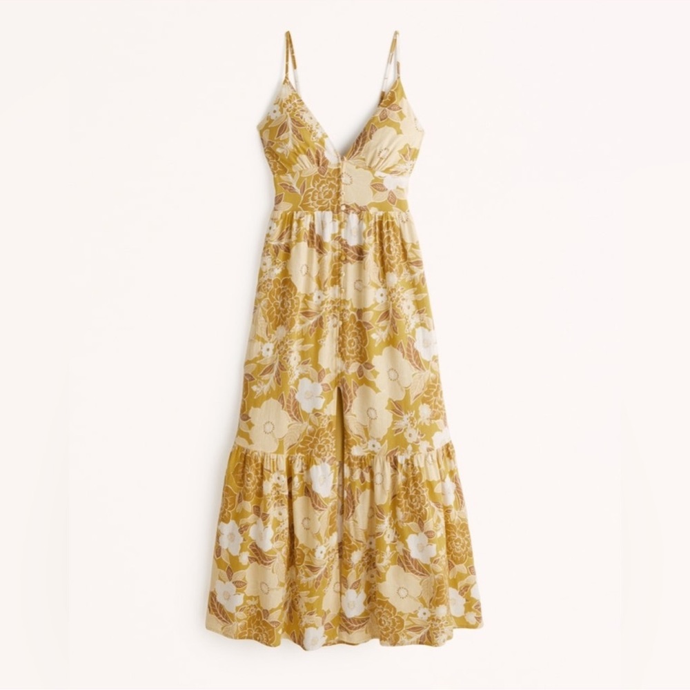 Abercrombie & Fitch Maxi Dress Yellow Floral Shoulder Tie Small Linen
